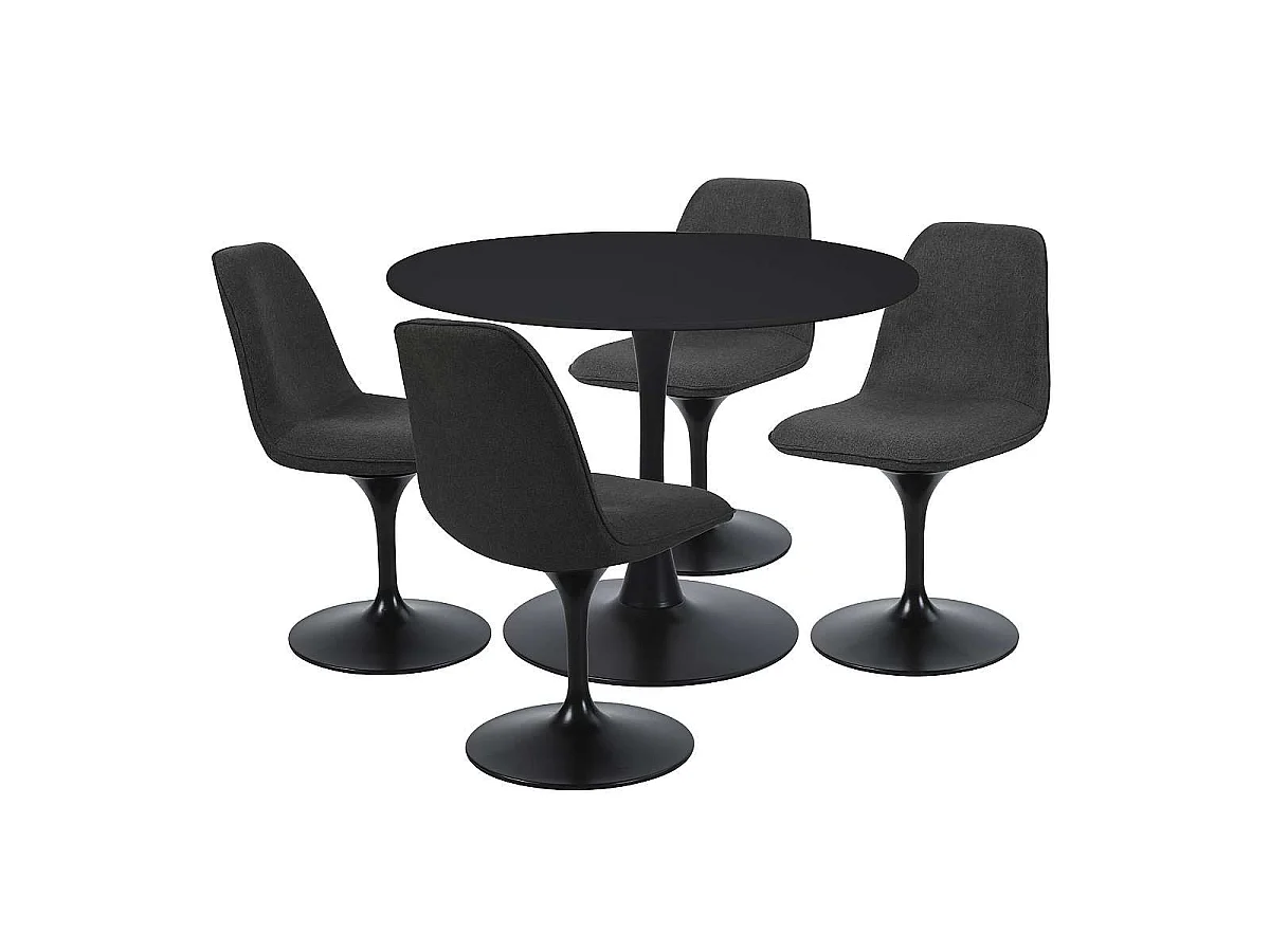 Ronde eettafel voor 4 tot 5 personen, diameter 100 cm, matzwarte gelakte afwerking, ronde metalen zwarte voet - TULIPS