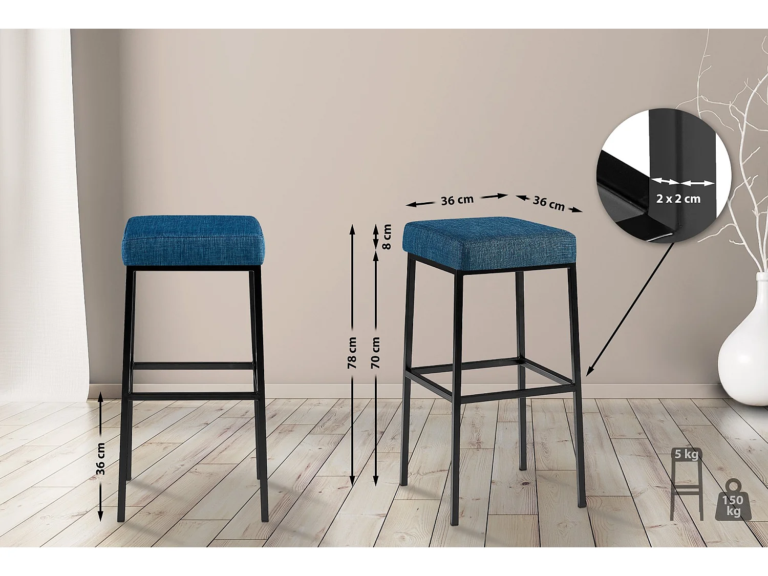 Tabouret de bar - Tissu & Noir - Bleu - Montreal 80