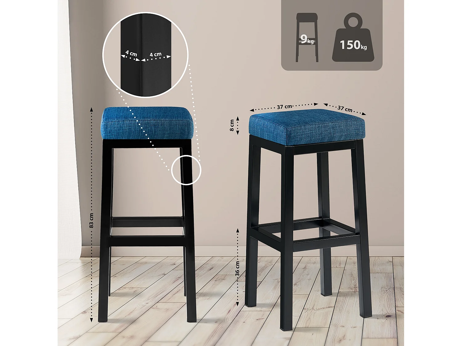 Tabouret de bar - Tissu - Bleu - Taylor B85
