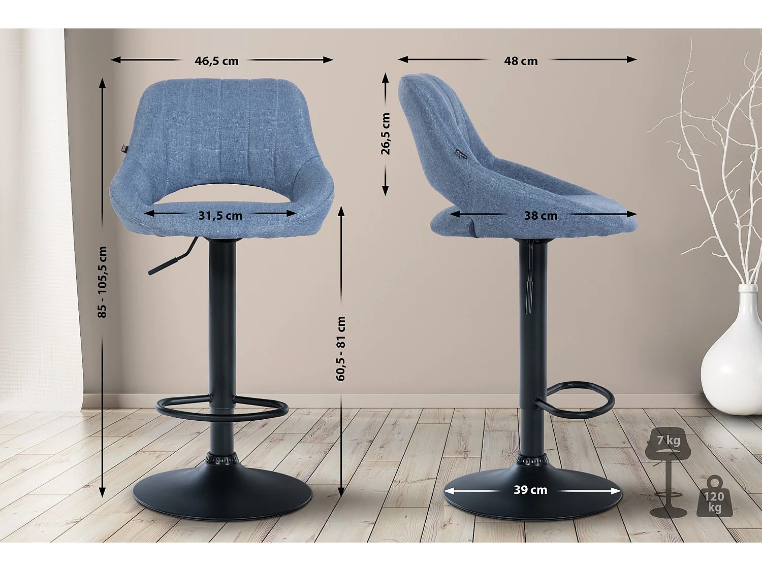 Tabouret de bar - Tissu & Noir - Bleu - Milet