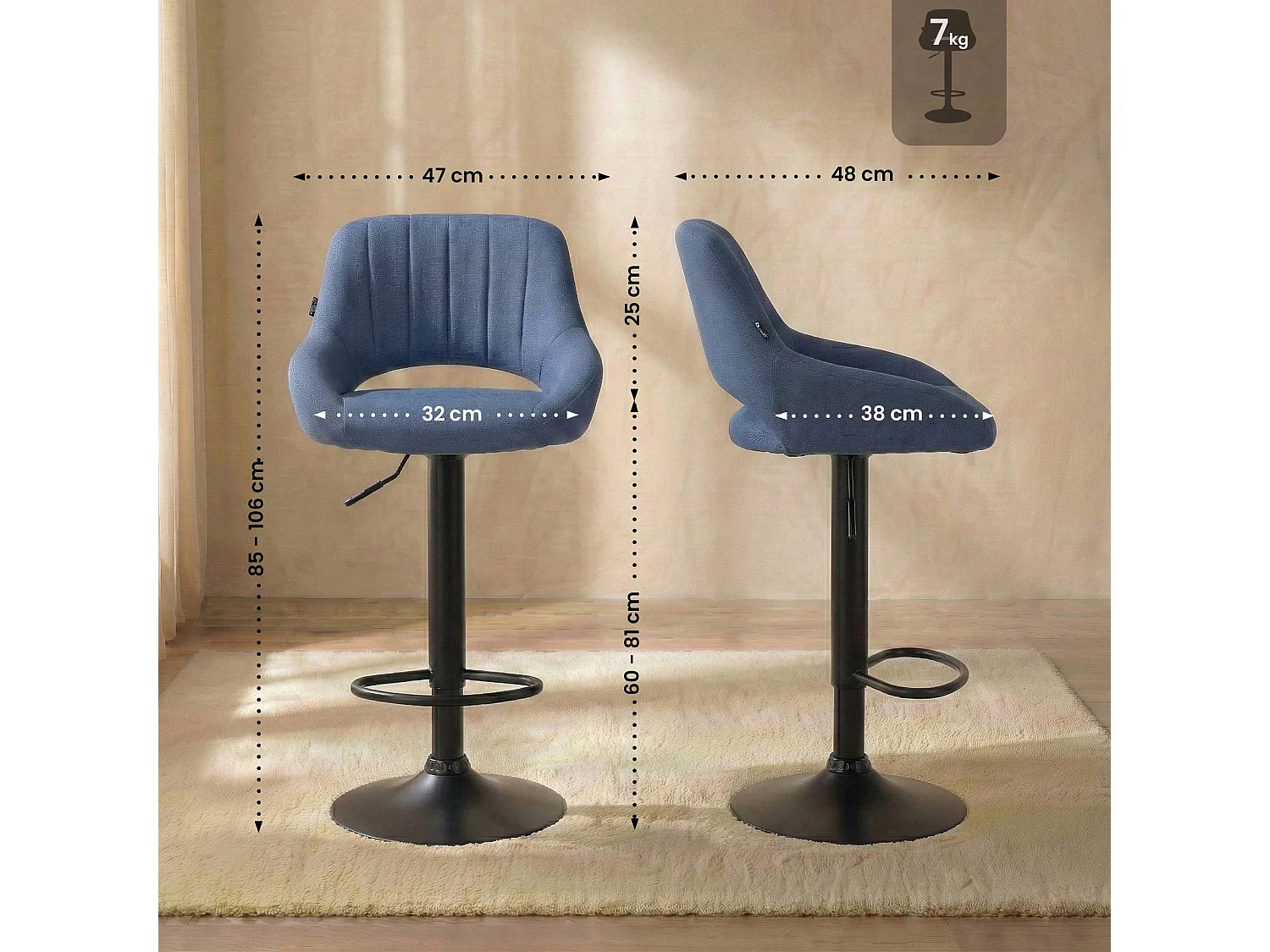 Tabouret de bar - Tissu & Noir - Bleu - Milet