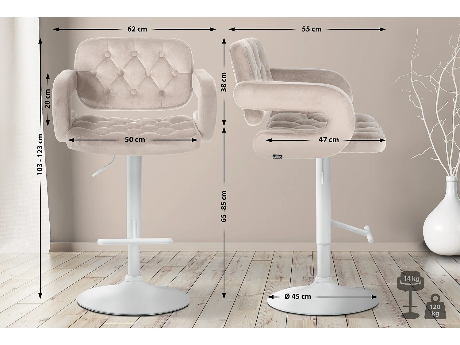 Tabouret de bar - Velours - Crème - Dublin