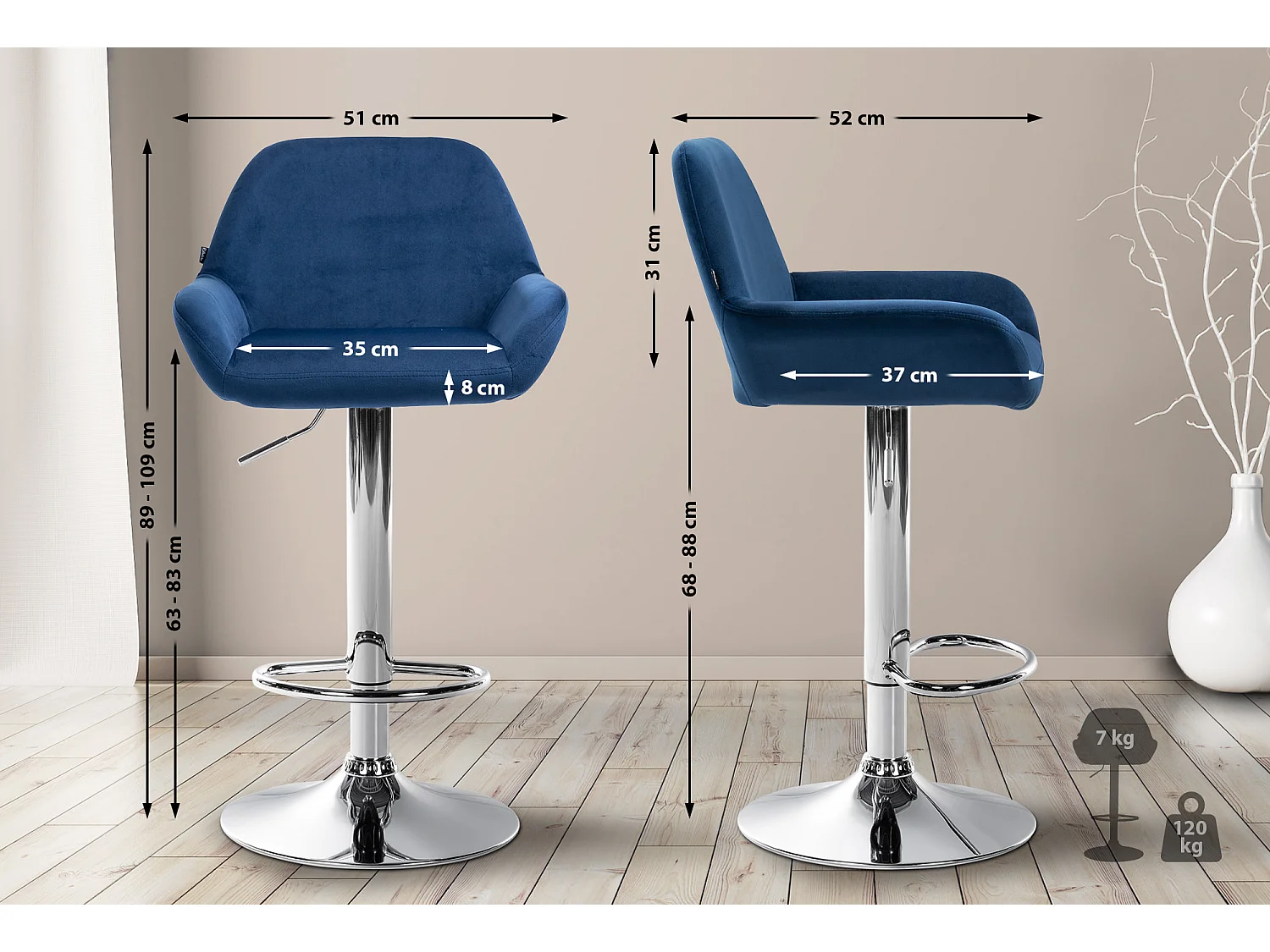 Tabouret de bar - Velours & Chrome - Bleu - Braga