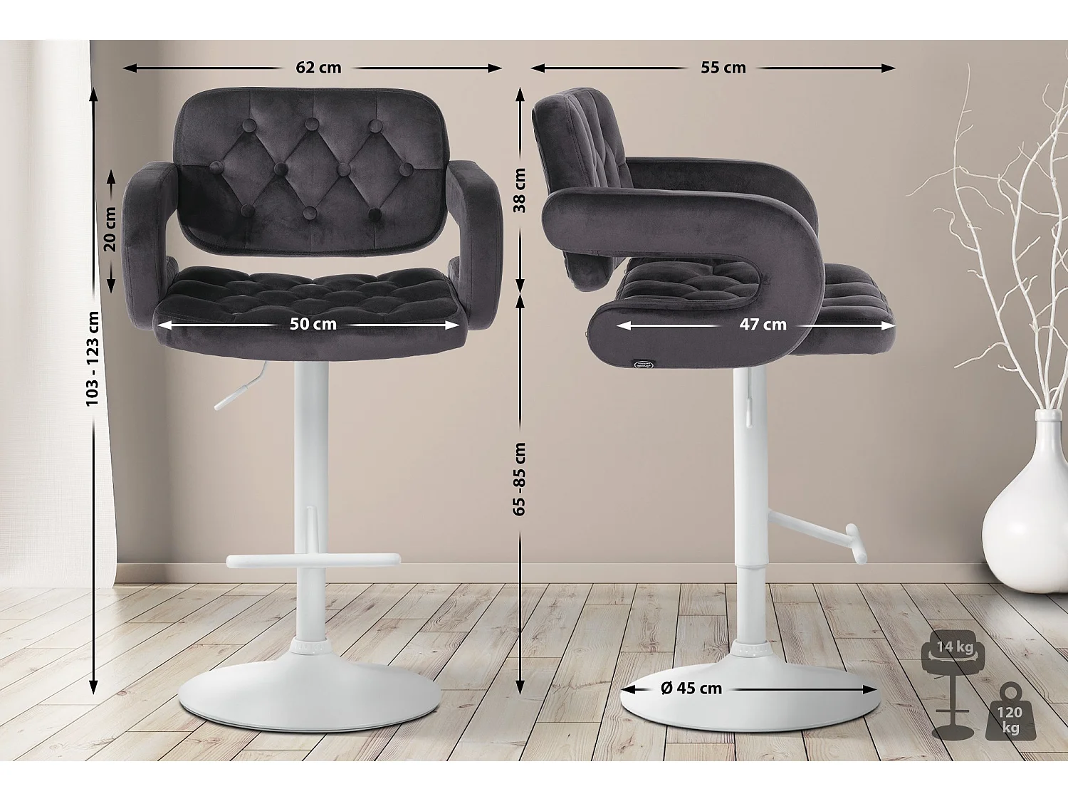 Tabouret de bar - Velours - Gris foncé - Dublin