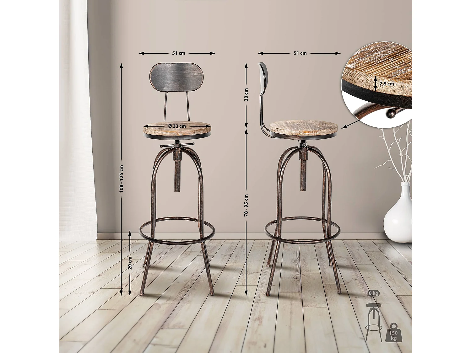 Lot de 2  Tabouret de bar - Métal & Noir - Bronze - Pino