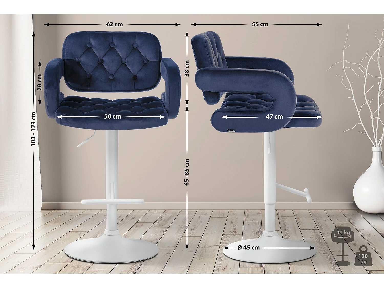 Tabouret de bar - Velours - Bleu - Dublin