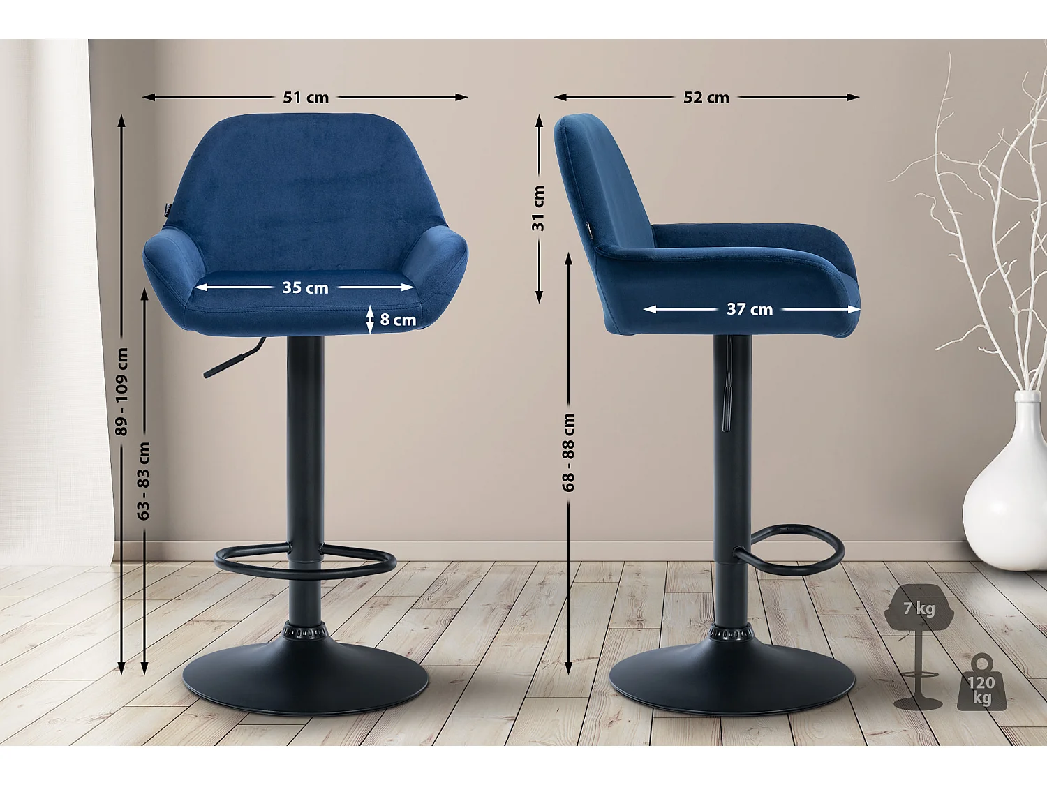 Tabouret de bar - Velours & Noir - Bleu - Braga