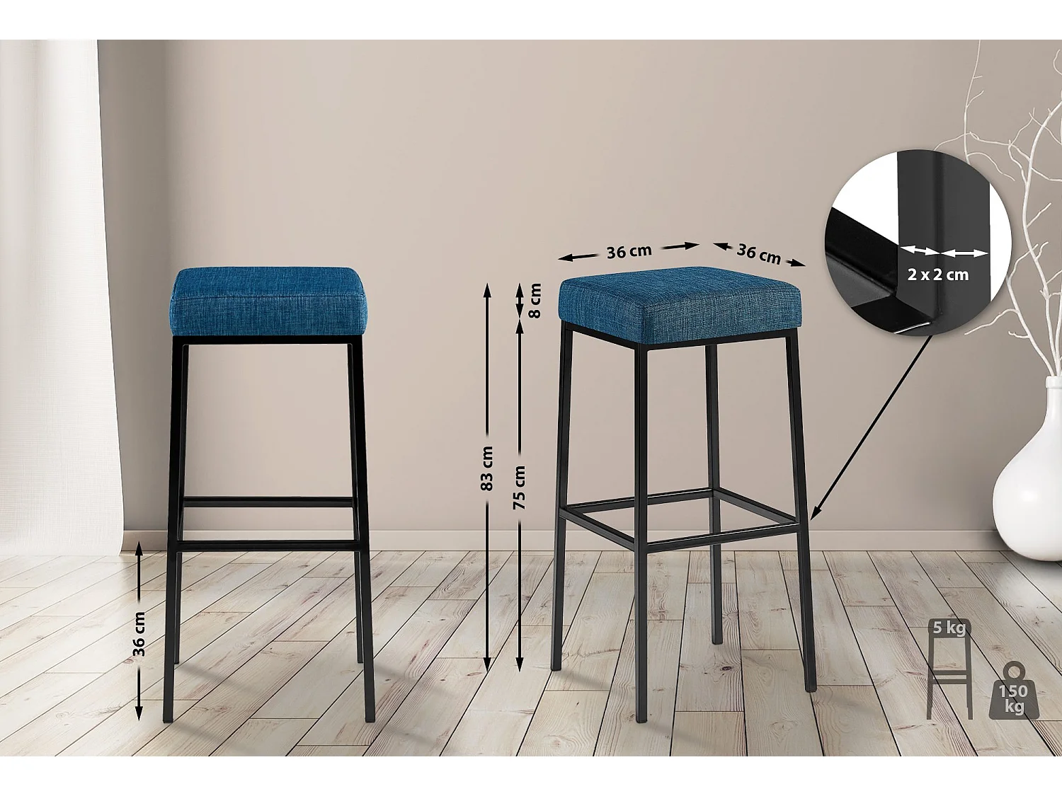 Lot de 2  Tabouret de bar - Tissu & Noir - Bleu - Montreal 85
