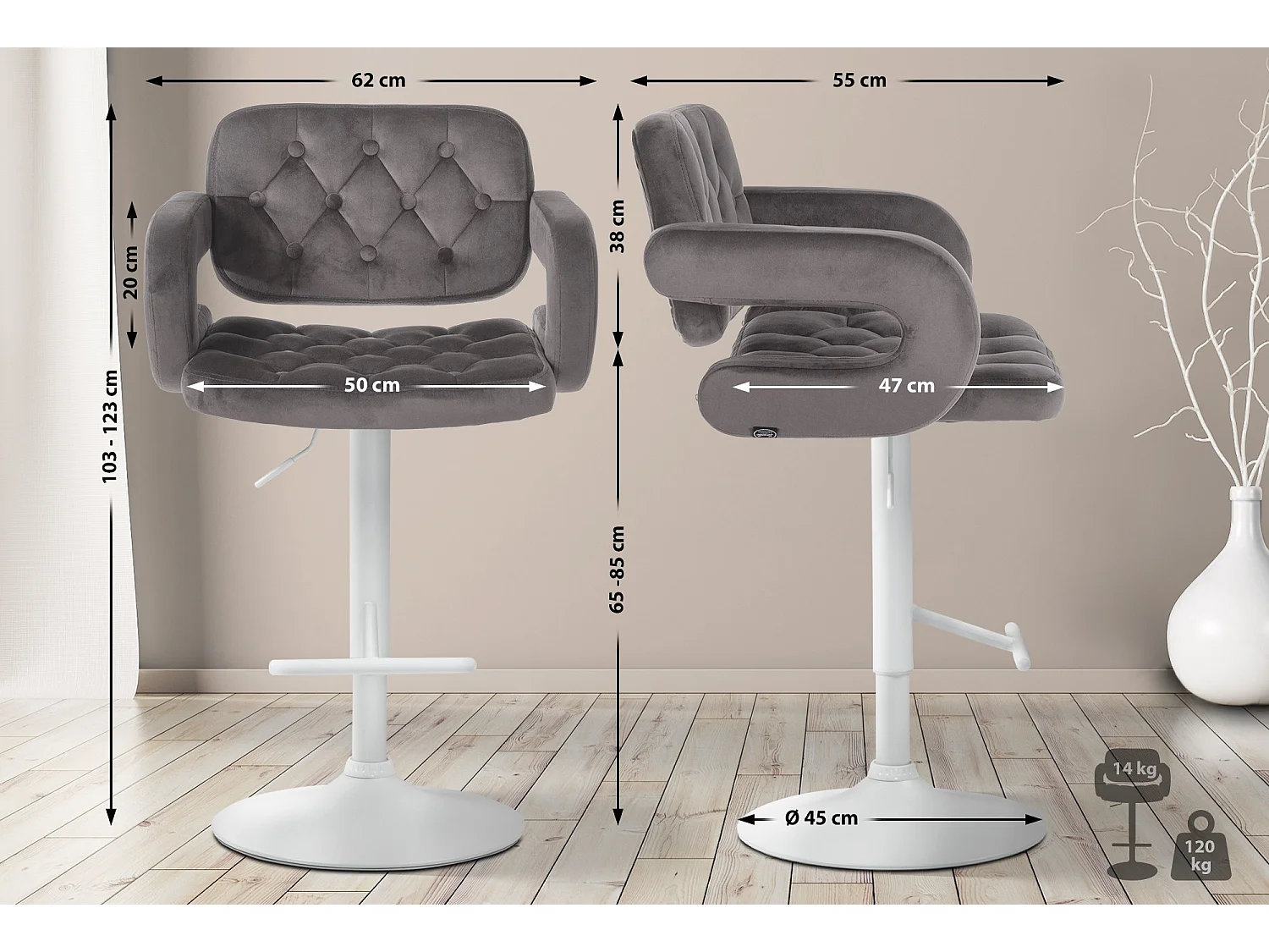 Tabouret de bar - Velours - Gris - Dublin