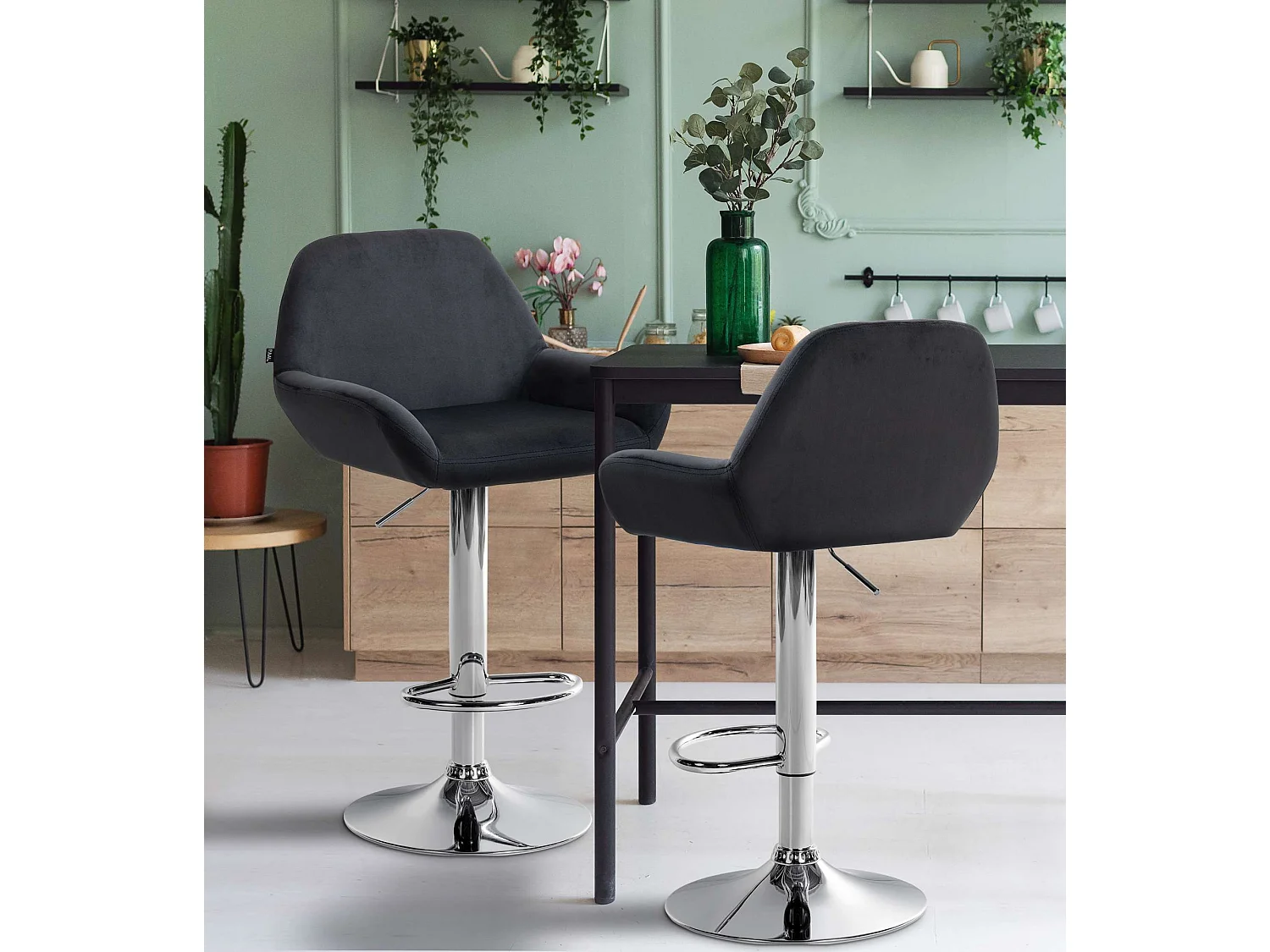 Tabouret de bar - Velours & Chrome - Noir - Braga