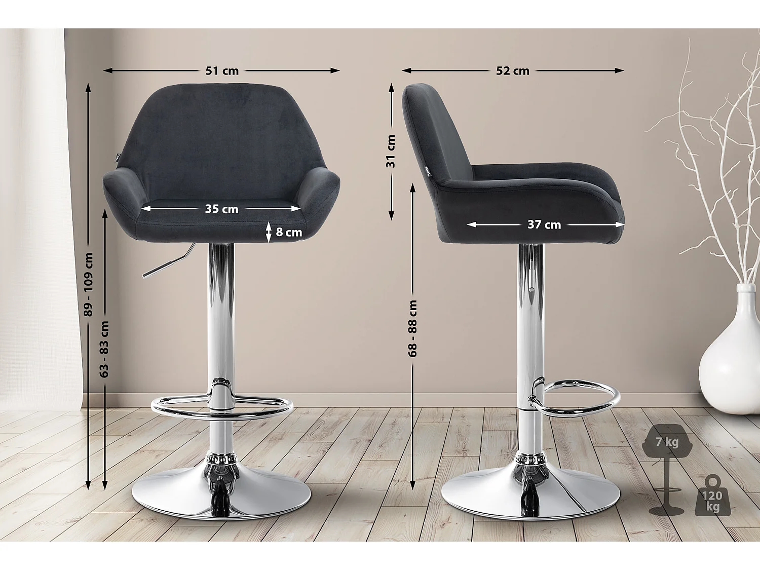 Tabouret de bar - Velours & Chrome - Noir - Braga