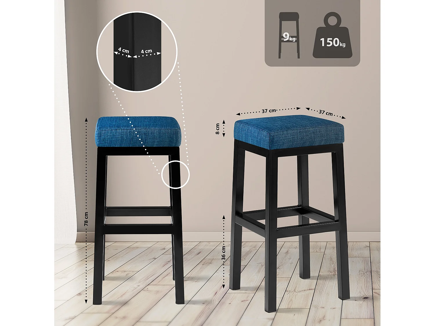 Tabouret de bar - Tissu - Bleu - Taylor