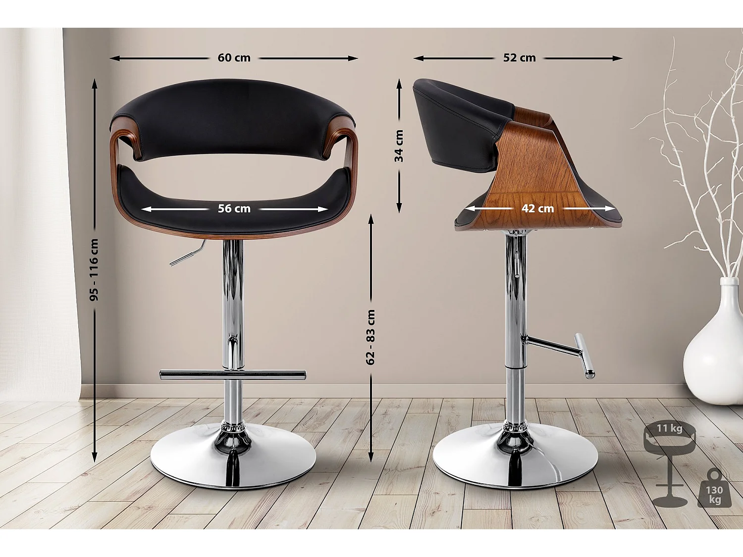 Tabouret de bar - Similicuir - Noir - Foley