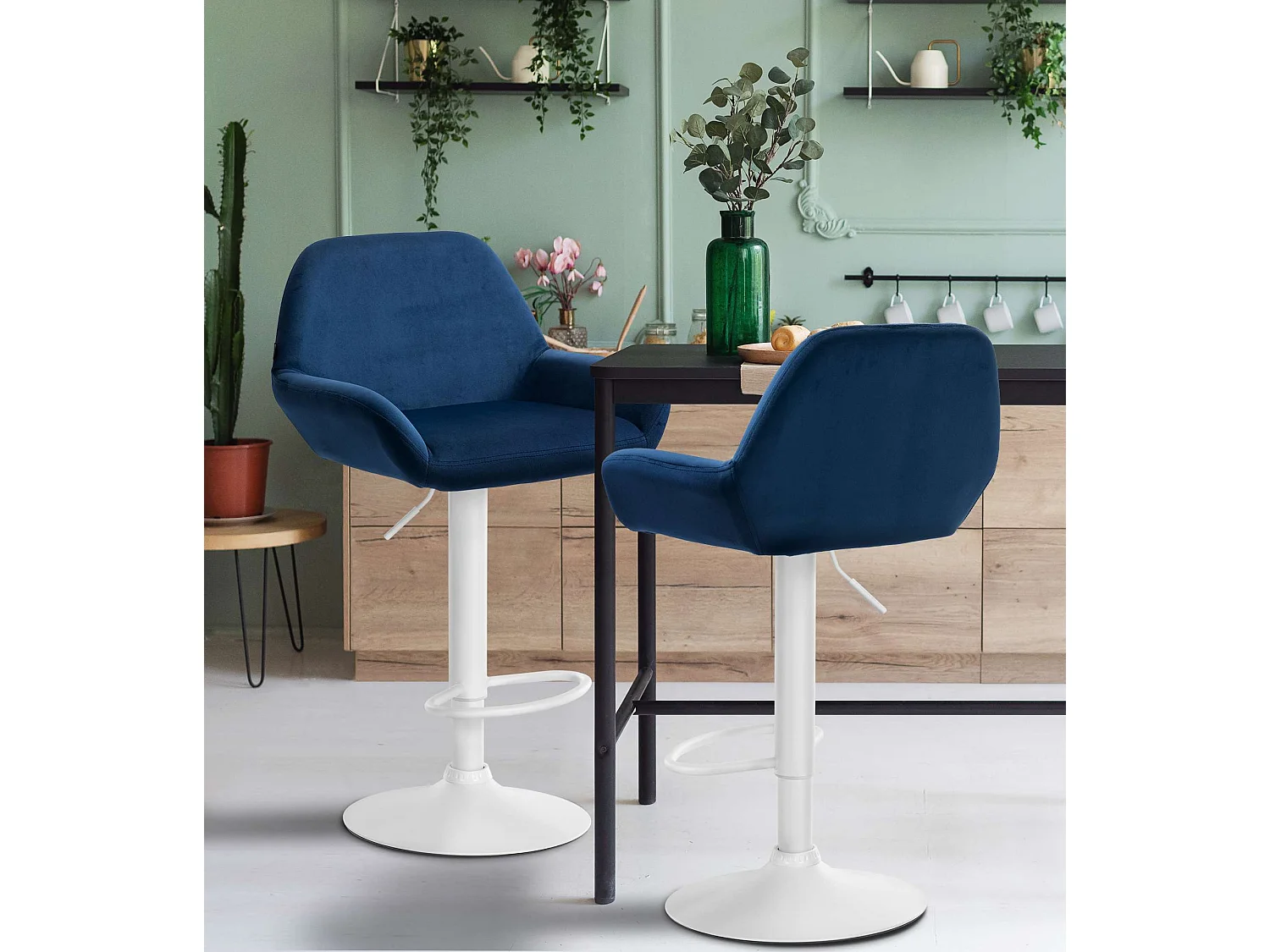 Tabouret de bar - Velours & Blanc - Bleu - Braga