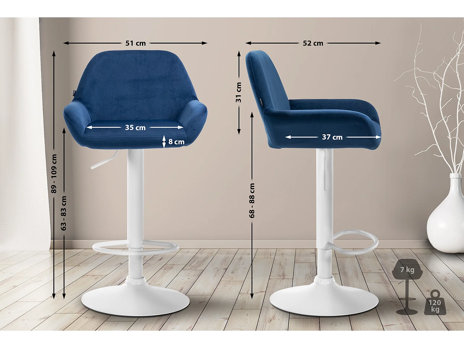 Tabouret de bar - Velours & Blanc - Bleu - Braga