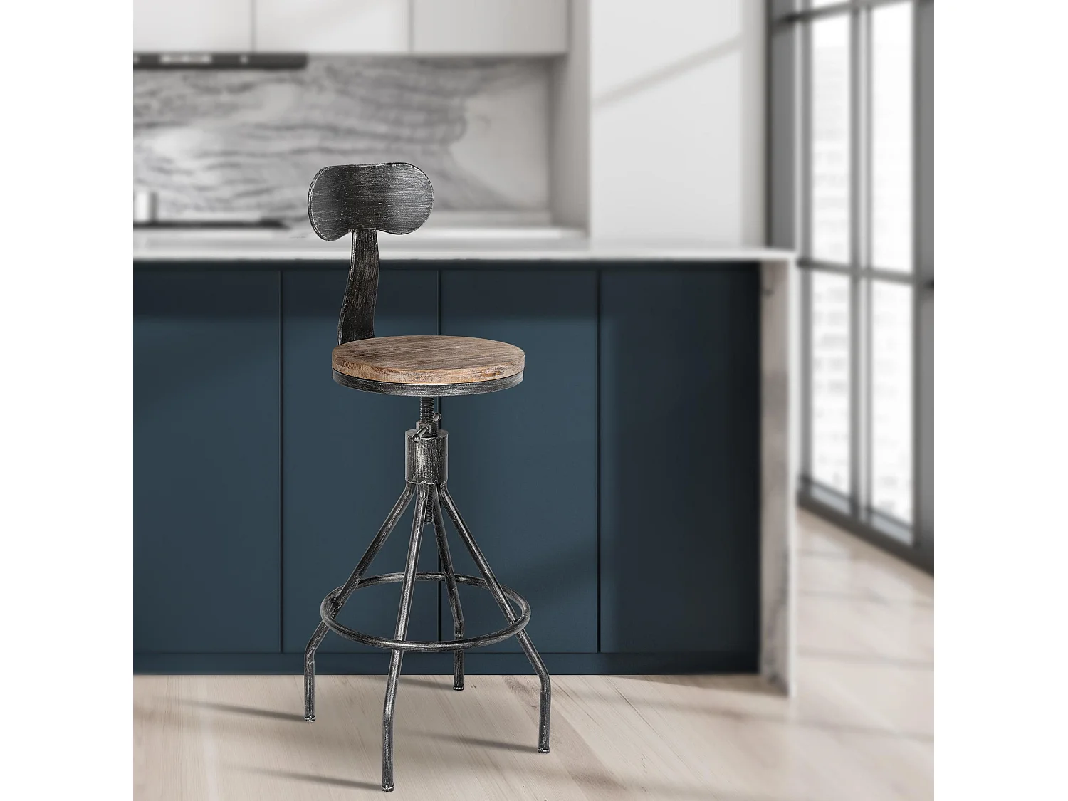 Tabouret de bar - Bois & Chrome - Argent antique - Hanam