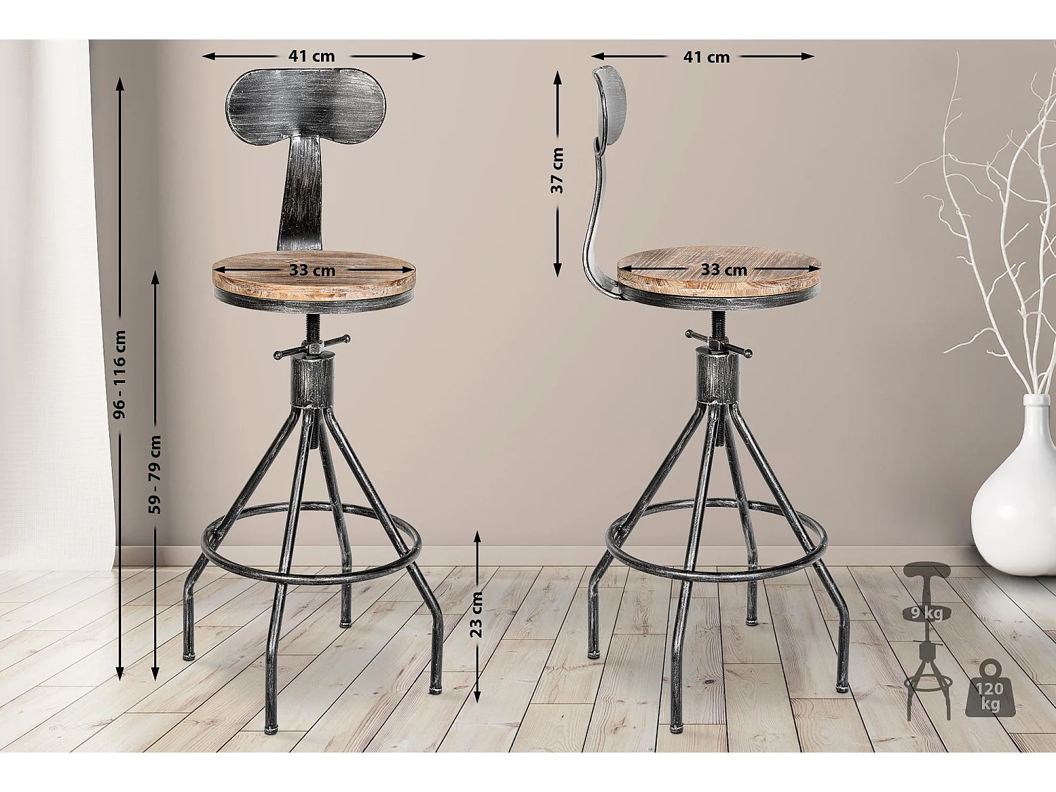 Tabouret de bar - Bois & Chrome - Argent antique - Hanam