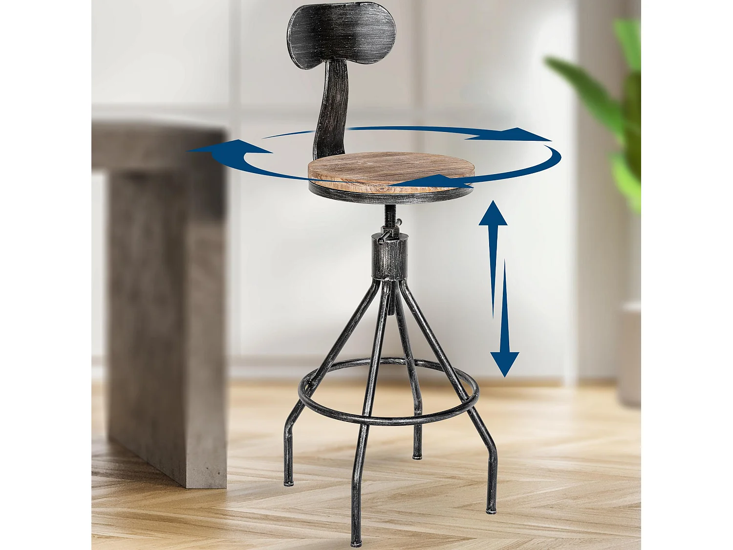 Tabouret de bar - Bois & Chrome - Argent antique - Hanam