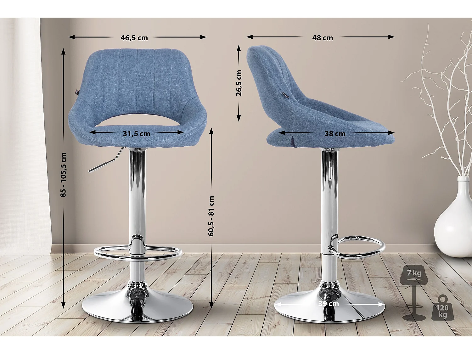 Tabouret de bar - Tissu & Chrome - Bleu - Milet