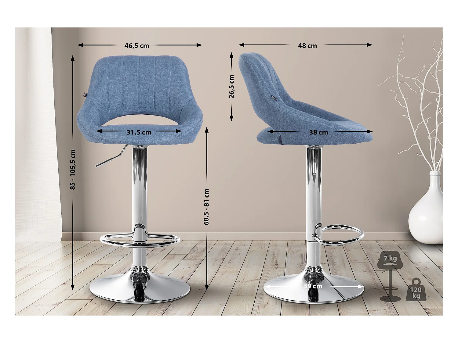 Barkruk - Stof & chroom - blauw - Milet