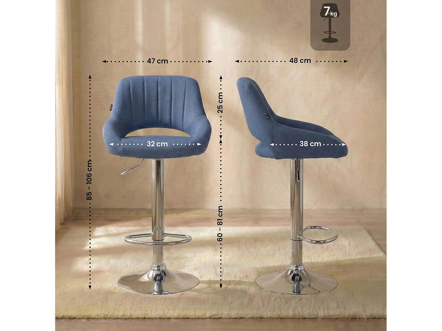 Tabouret de bar - Tissu & Chrome - Bleu - Milet