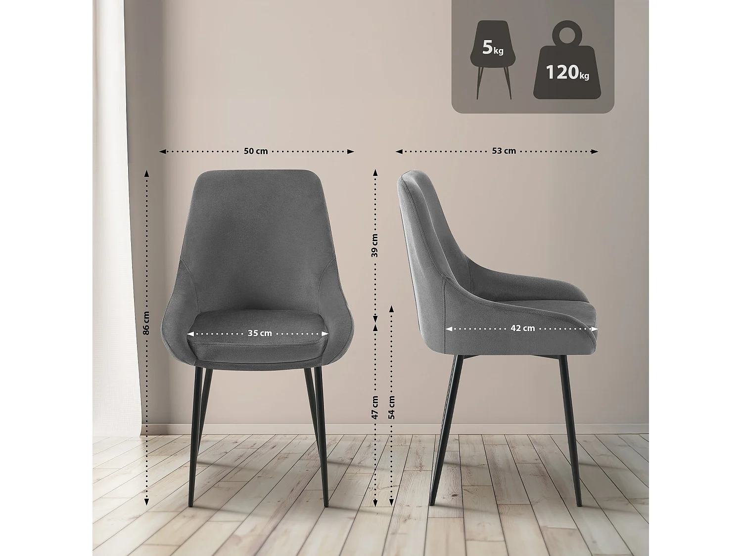 chaise salle à manger - Velours - Gris foncé - Elmira