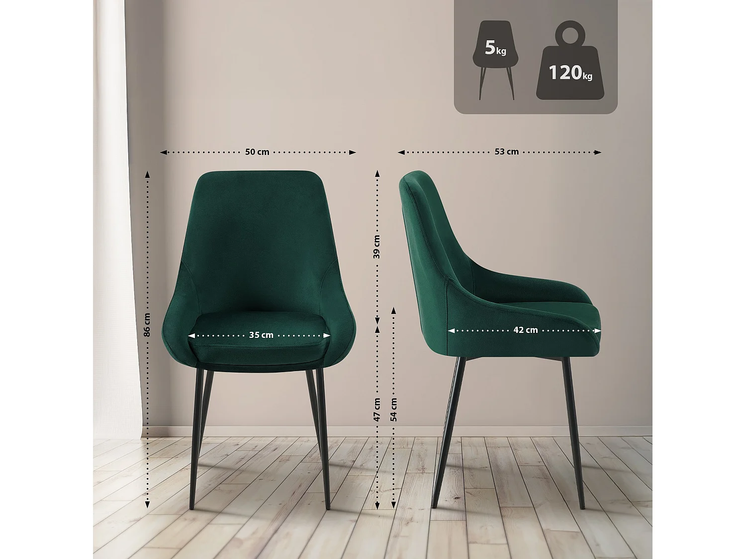 chaise salle à manger - Velours - Vert - Elmira