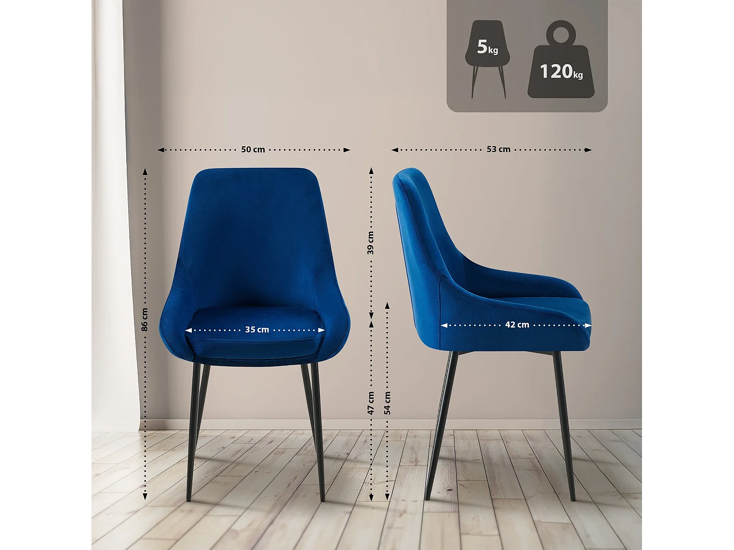 chaise salle à manger - Velours - Bleu foncé - Elmira