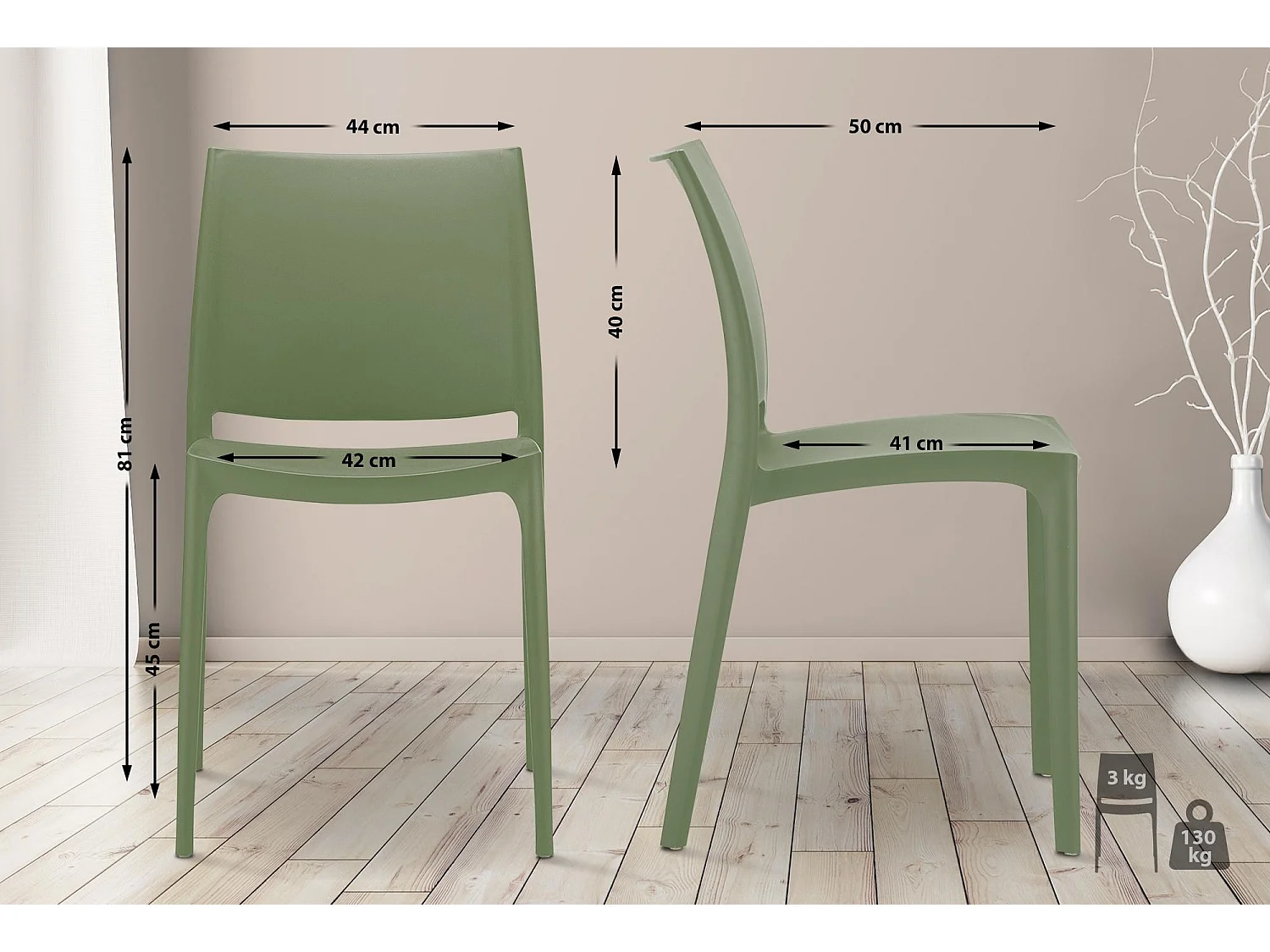 Lot de 4  Chaises de jardin - Plastique - Olive - Maya