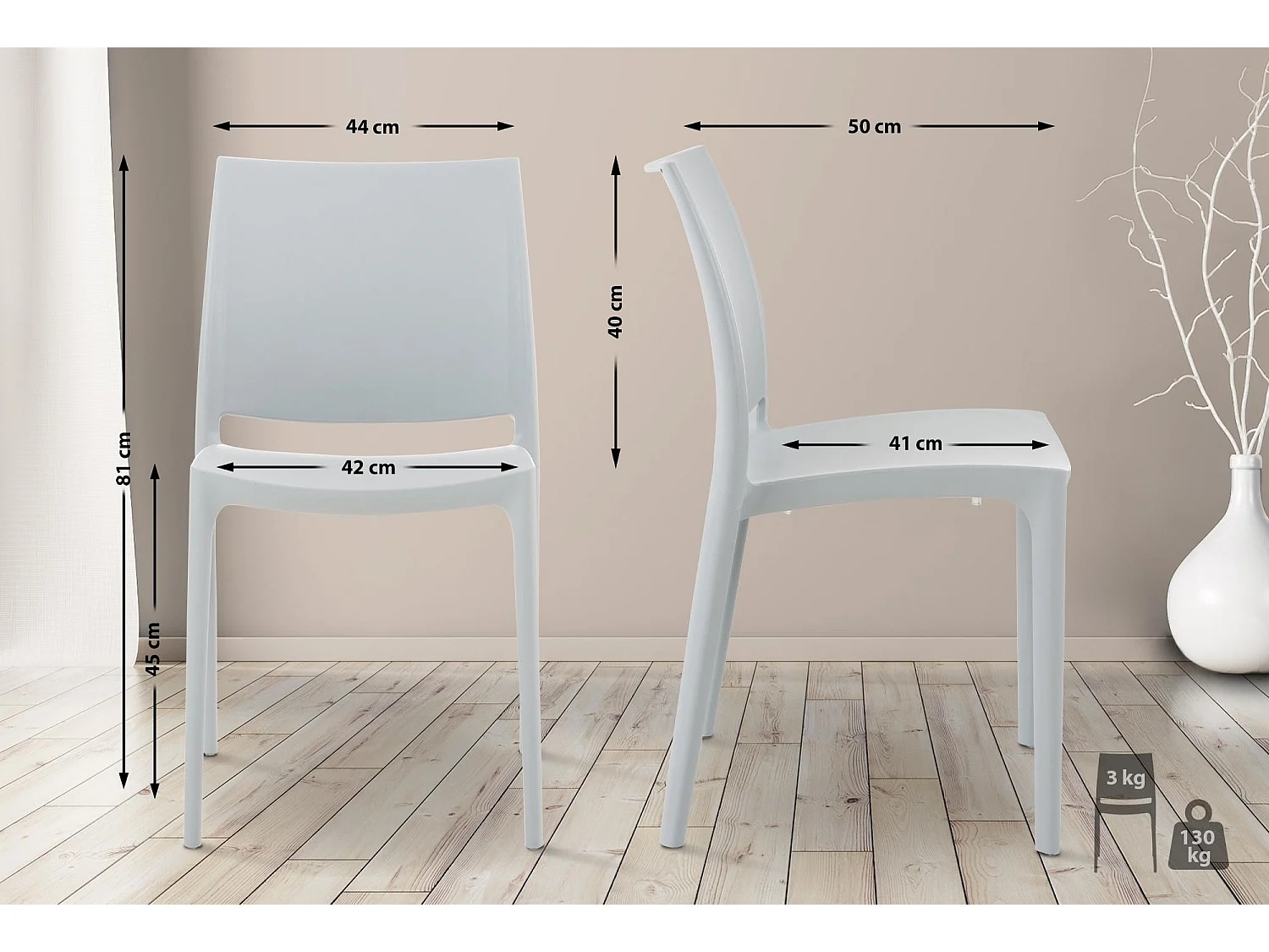 Lot de 4  Chaises de jardin - Plastique - Gris clair - Maya