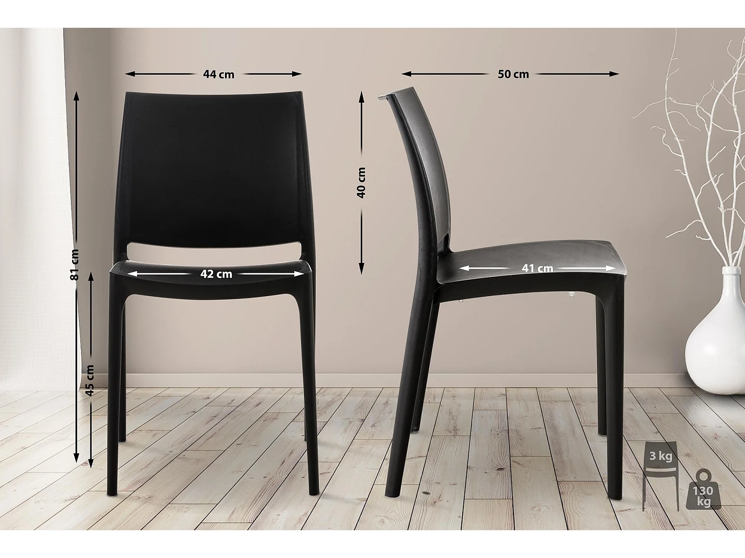 Lot de 4  Chaises de jardin - Plastique & Plastique - Noir - Maya