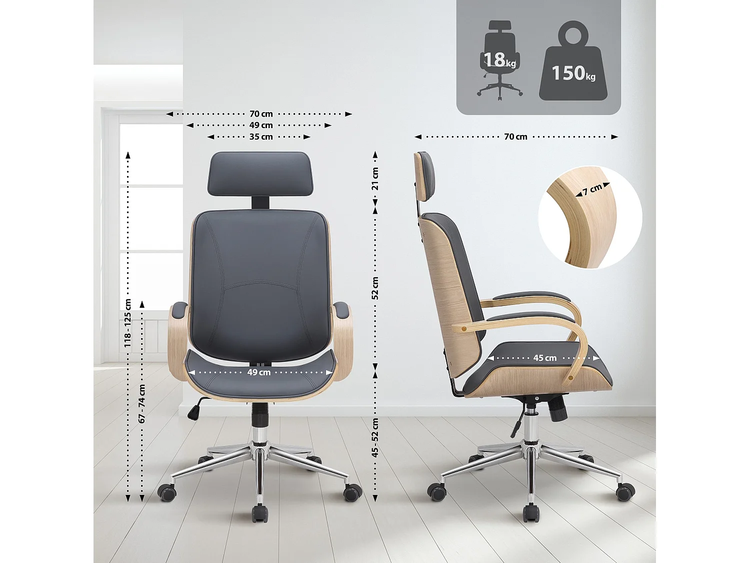 Chaise de bureau - Similicuir - Nature / Gris - Dayton