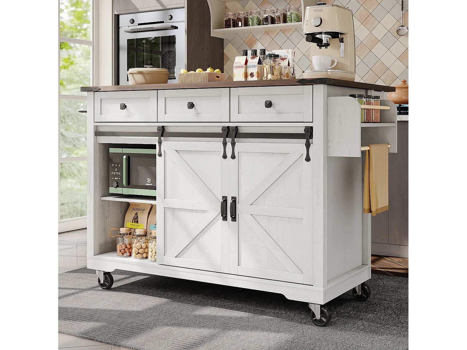 Ilot central de cuisine mobile avec 2 portes coulissantes et 3 tiroirs - plateau extensible - 140 x 45/73 x 92.5 cm - Bois MDF + métal - Blanc + naturel