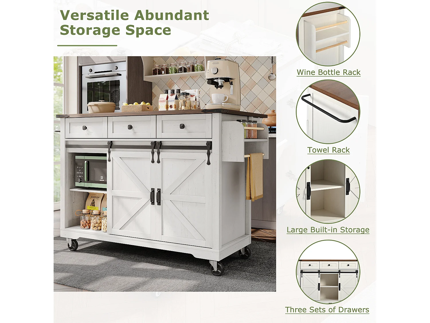 Ilot central de cuisine mobile avec 2 portes coulissantes et 3 tiroirs - plateau extensible - 140 x 45/73 x 92.5 cm - Bois MDF + métal - Blanc + naturel