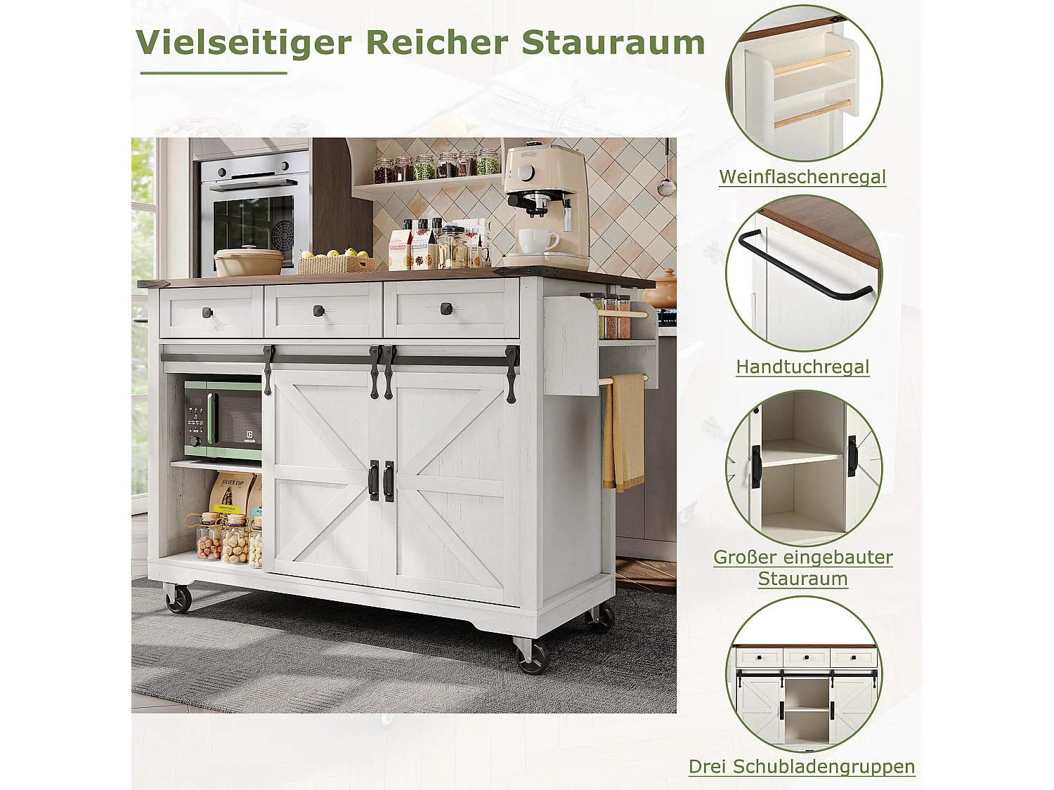 Ilot central de cuisine mobile avec 2 portes coulissantes et 3 tiroirs - plateau extensible - 140 x 45/73 x 92.5 cm - Bois MDF + métal - Blanc + naturel