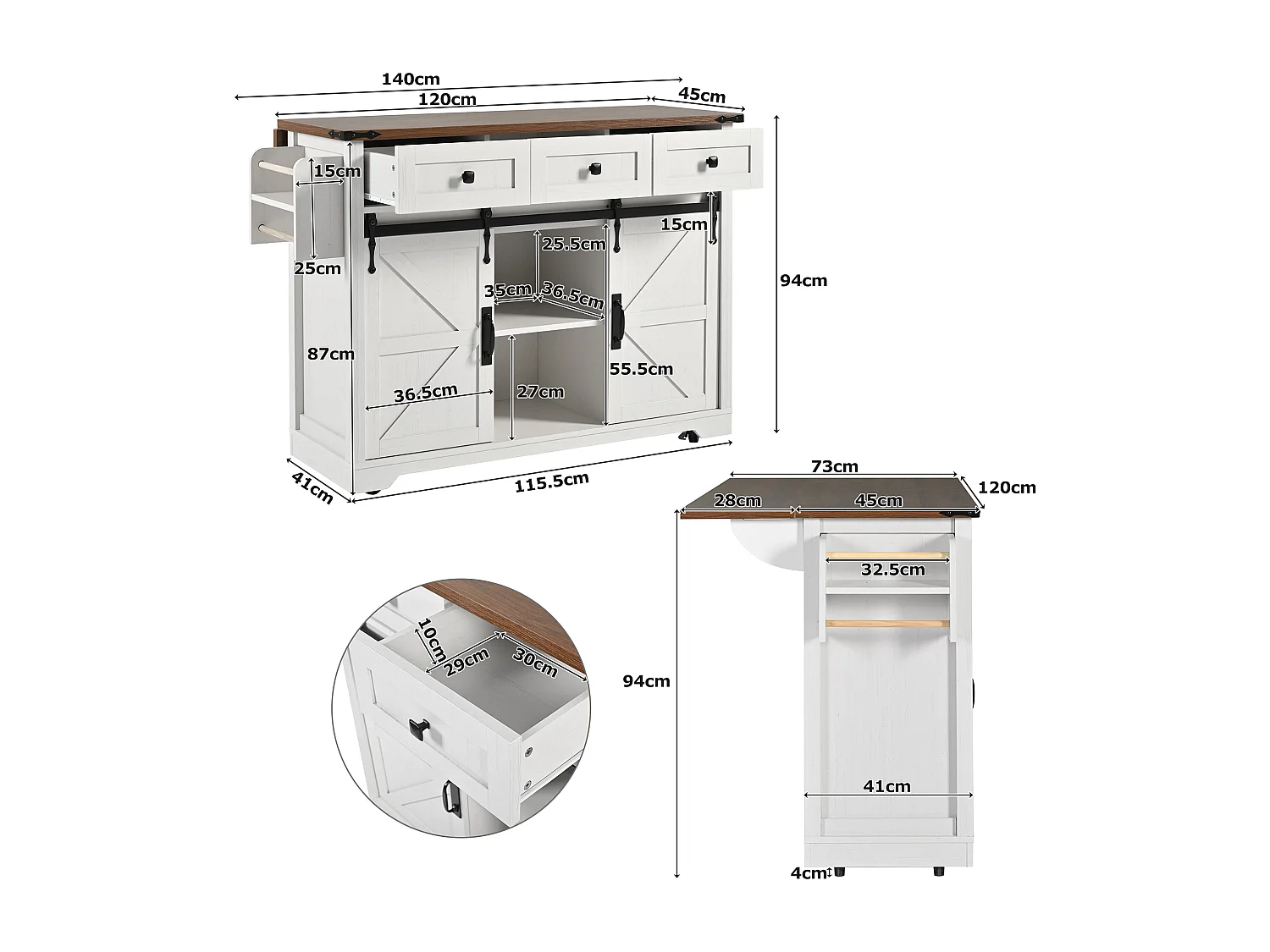 Ilot central de cuisine mobile avec 2 portes coulissantes et 3 tiroirs - plateau extensible - 140 x 45/73 x 92.5 cm - Bois MDF + métal - Blanc + naturel