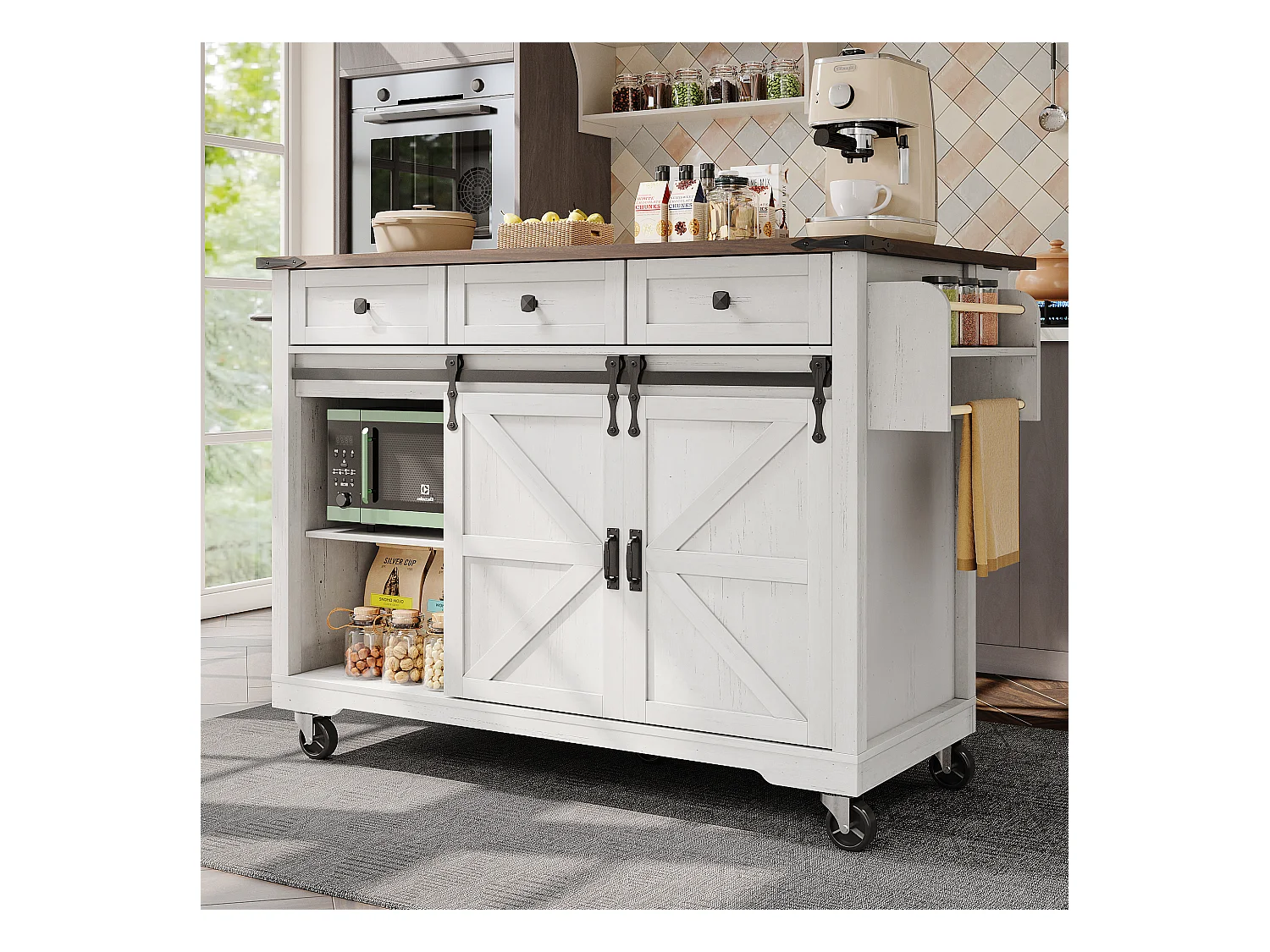 Ilot central de cuisine mobile avec 2 portes coulissantes et 3 tiroirs - plateau extensible - 140 x 45/73 x 92.5 cm - Bois MDF + métal - Blanc + naturel