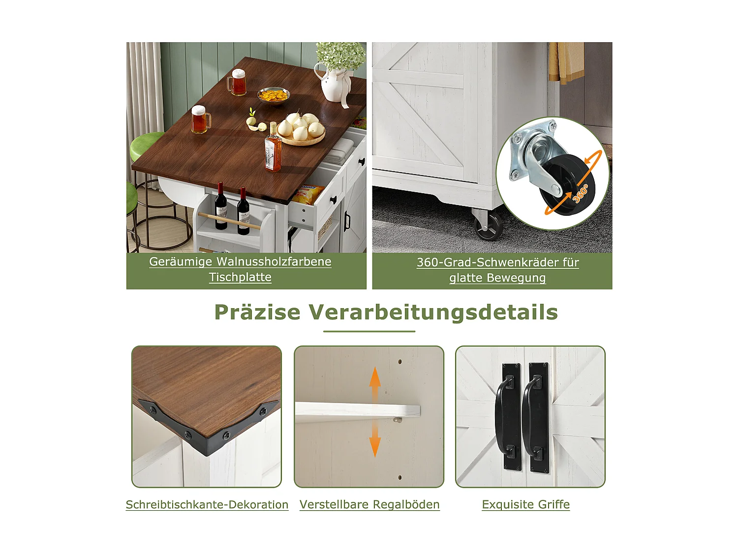 Centraal verrijdbaar keukeneiland met 2 schuifdeuren en 3 laden - uitschuifbaar blad - 140 x 45/73 x 92,5 cm - MDF hout + metaal - Wit + naturel