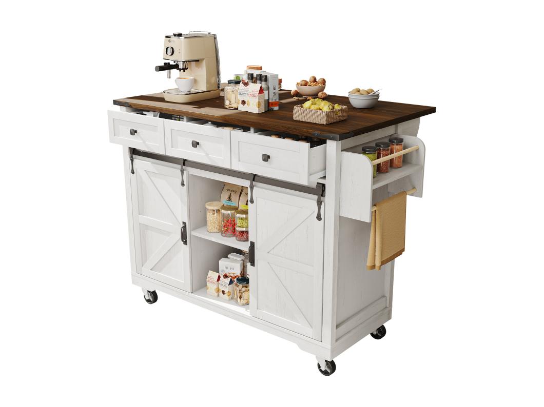 Mobilna wyspa kuchenna z 2 drzwiami przesuwnymi i 3 szufladami - rozkładany blat - 140 x 45/73 x 92,5 cm - drewno MDF + metal - biały + naturalny