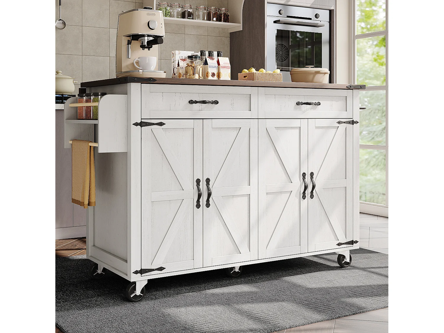 Ilha móvel de cozinha central com 4 portas e 2 gavetas - tampo extensível - 140 x 45/73 x 93 cm - Madeira MDF + metal - Branco + natural