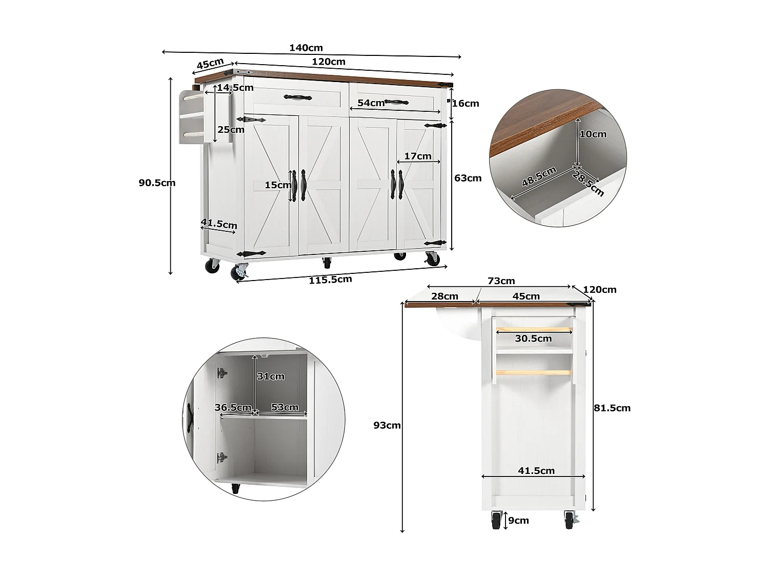 Ilha móvel de cozinha central com 4 portas e 2 gavetas - tampo extensível - 140 x 45/73 x 93 cm - Madeira MDF + metal - Branco + natural