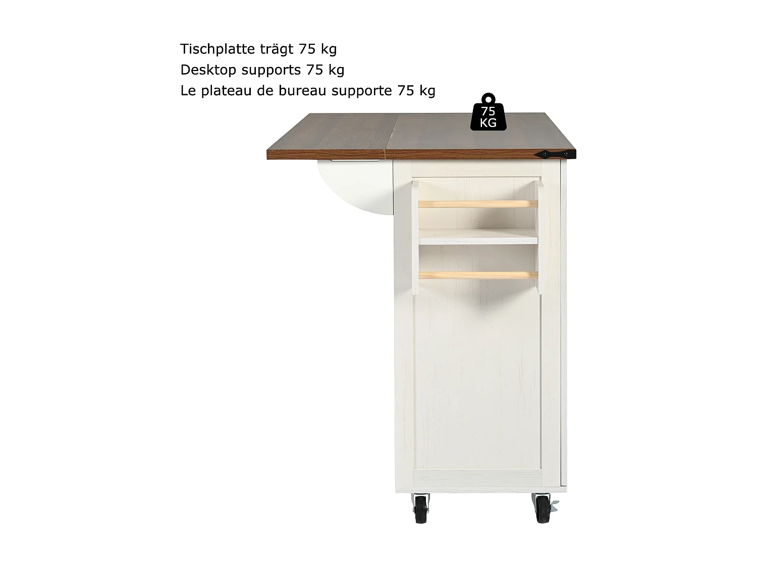 Ilha móvel de cozinha central com 4 portas e 2 gavetas - tampo extensível - 140 x 45/73 x 93 cm - Madeira MDF + metal - Branco + natural