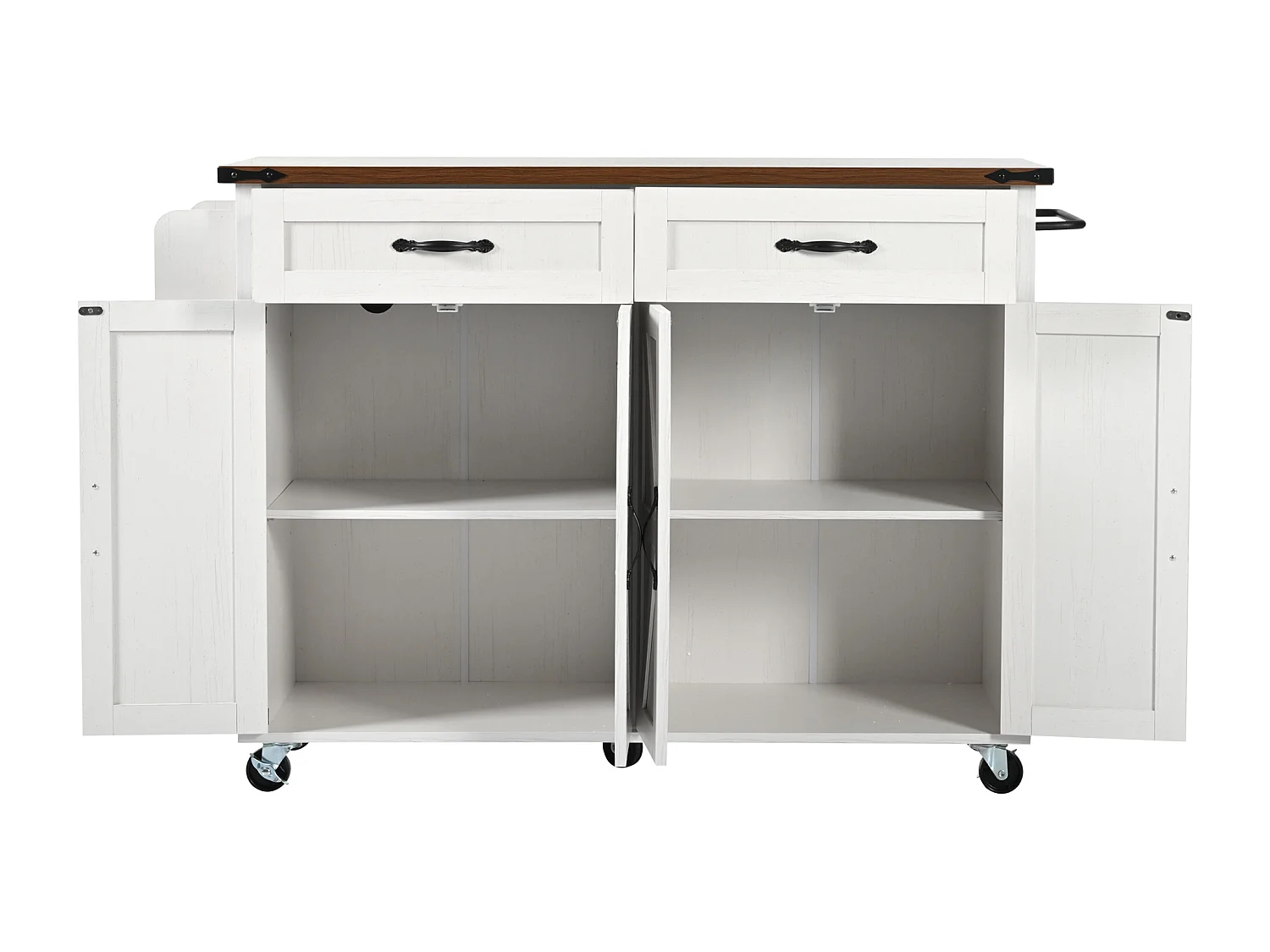 Ilha móvel de cozinha central com 4 portas e 2 gavetas - tampo extensível - 140 x 45/73 x 93 cm - Madeira MDF + metal - Branco + natural