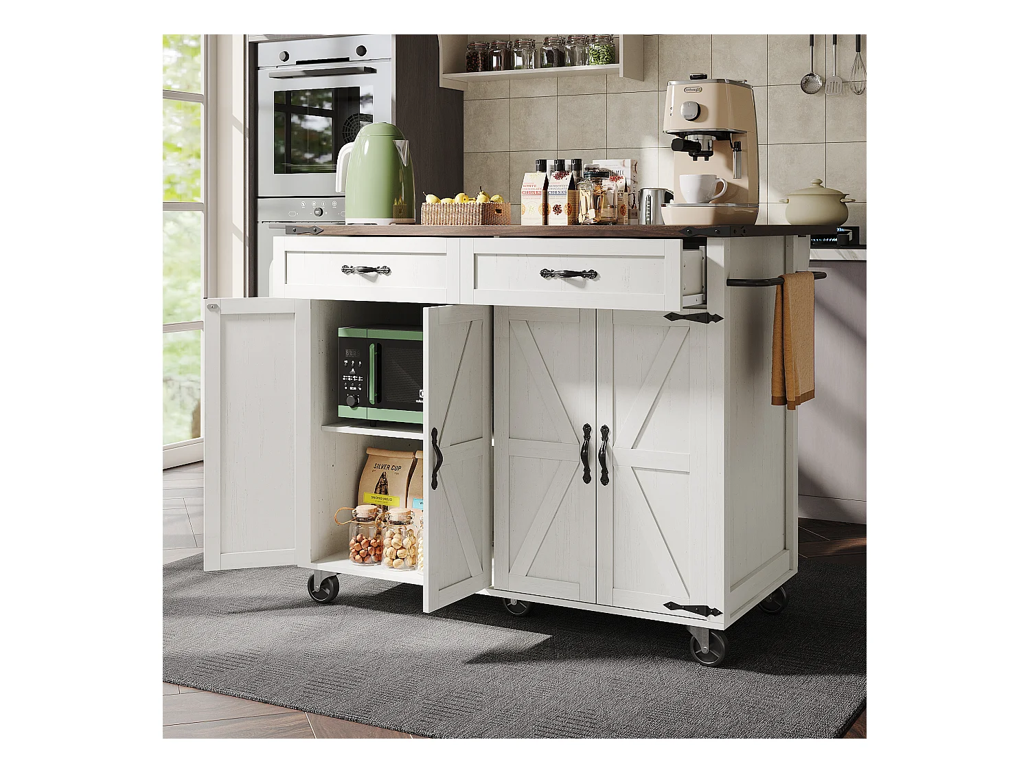 Ilot central de cuisine mobile avec 4 portes et 2 tiroirs - plateau extensible - 140 x 45/73 x 93 cm - Bois MDF + métal - Blanc + naturel