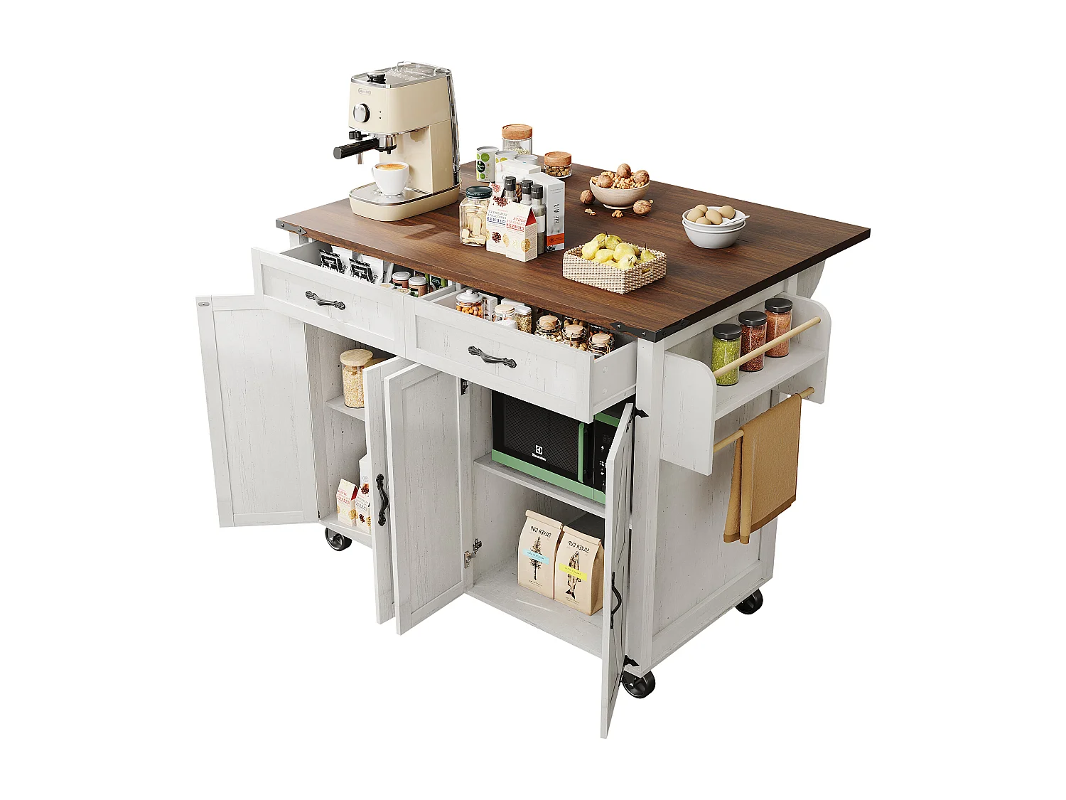 Mobile cucina centrale isola con 4 ante e 2 cassetti - piano allungabile - 140 x 45/73 x 93 cm - Legno MDF + metallo - Bianco + naturale