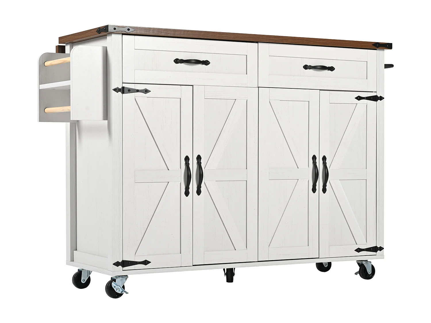 Mobile cucina centrale isola con 4 ante e 2 cassetti - piano allungabile - 140 x 45/73 x 93 cm - Legno MDF + metallo - Bianco + naturale