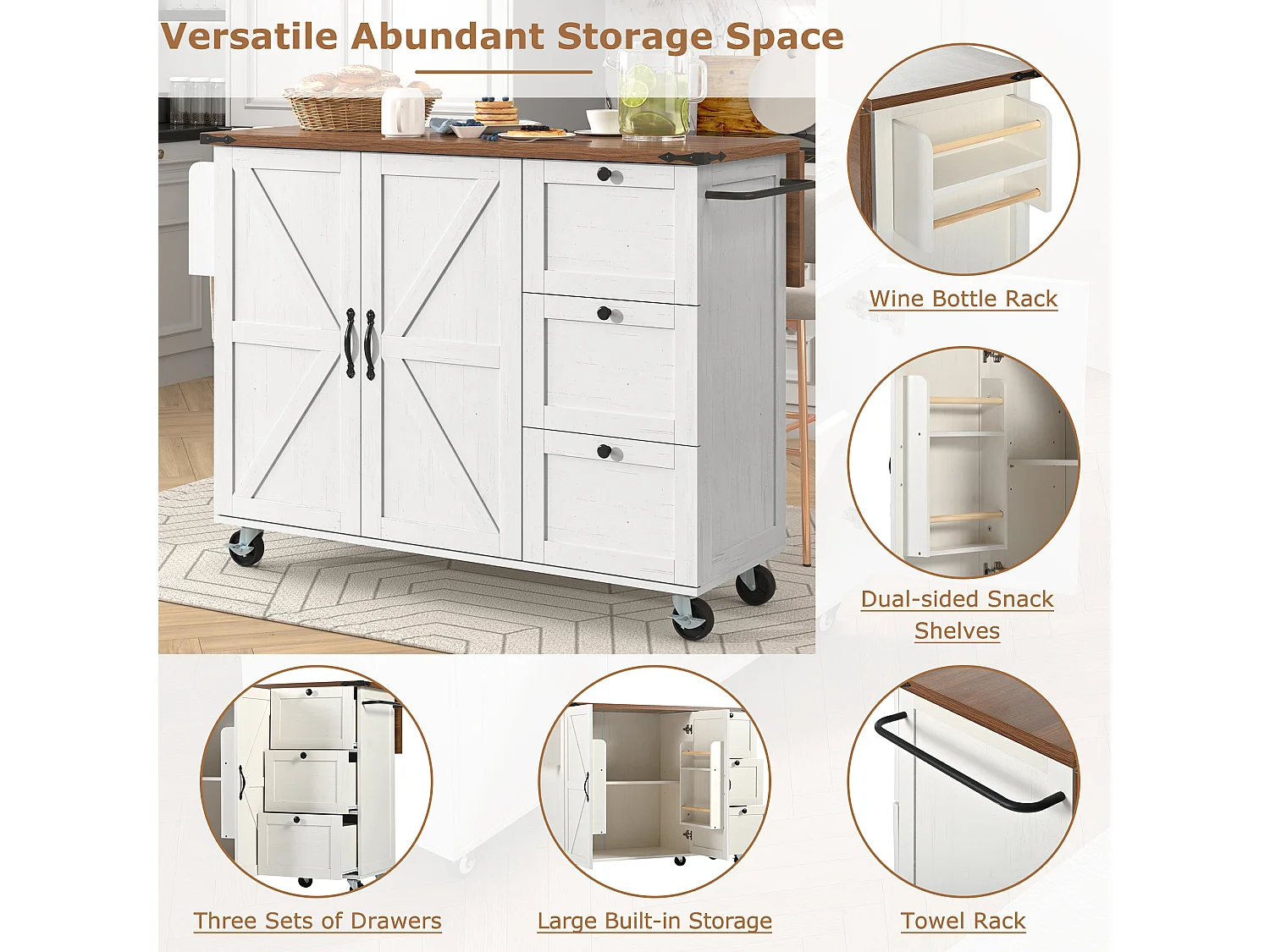 Mobilna wyspa kuchenna z 2 drzwiami i 3 szufladami - rozkładany blat - 140 x 45/73 x 92,5 cm - drewno MDF + metal - biały + naturalny