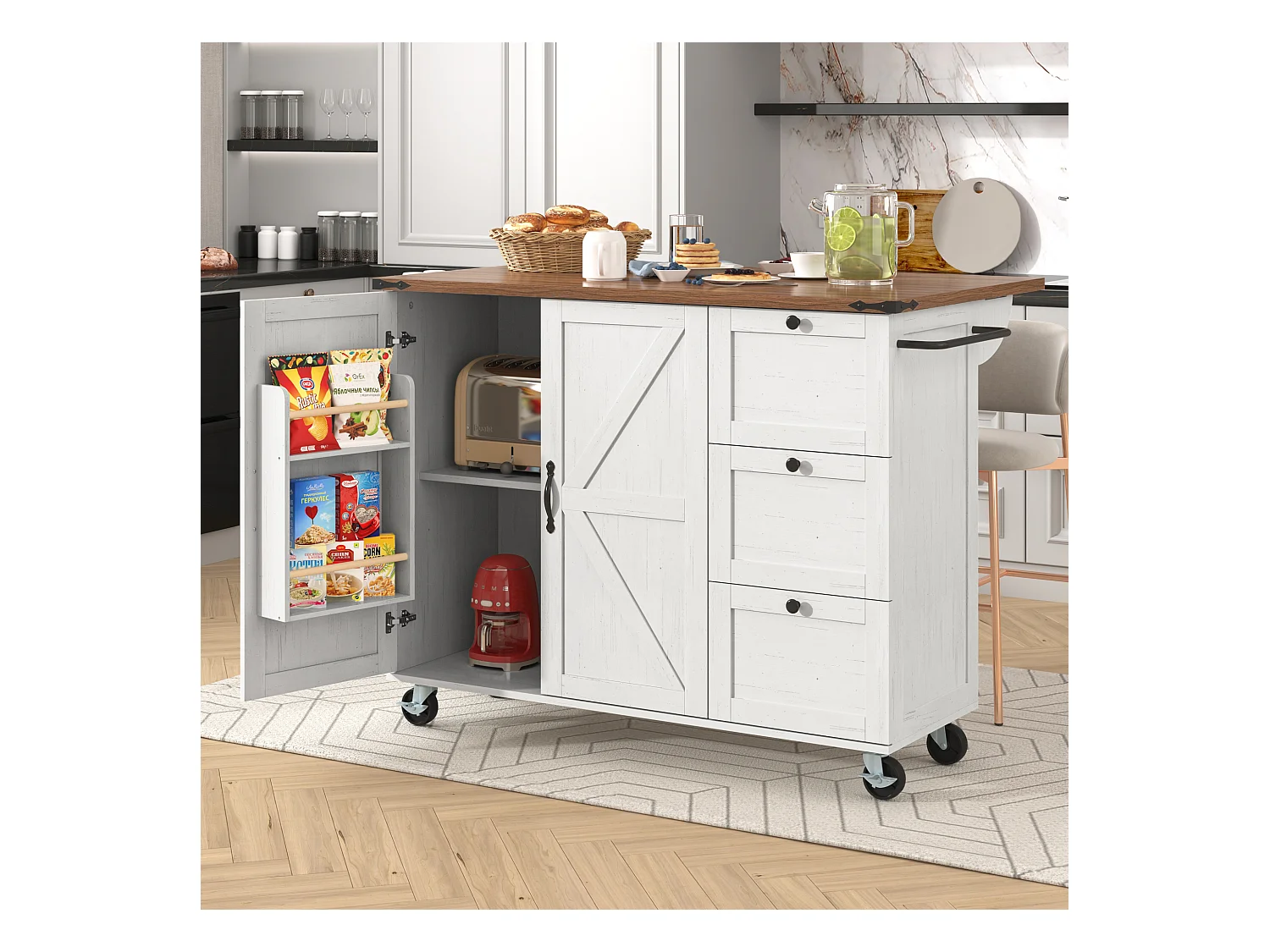 Zentrale mobile Kücheninsel mit 2 Türen und 3 Schubladen – ausziehbare Platte – 140 x 45/73 x 92,5 cm – MDF-Holz + Metall – Weiß + Natur