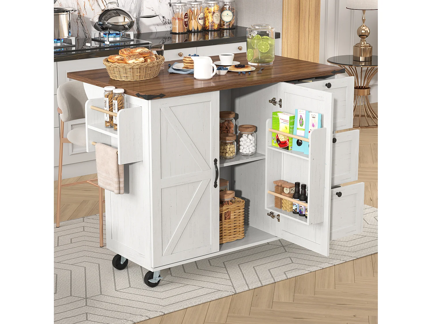 Isola cucina mobile centrale con 2 ante e 3 cassetti - piano allungabile - 140 x 45/73 x 92,5 cm - Legno MDF + metallo - Bianco + naturale
