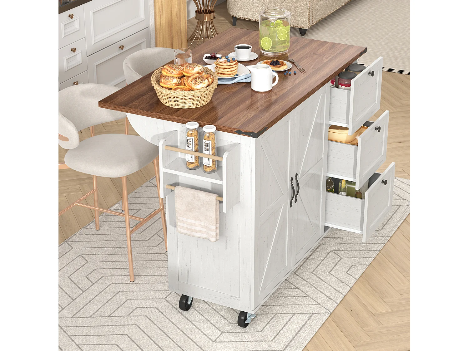Isola cucina mobile centrale con 2 ante e 3 cassetti - piano allungabile - 140 x 45/73 x 92,5 cm - Legno MDF + metallo - Bianco + naturale